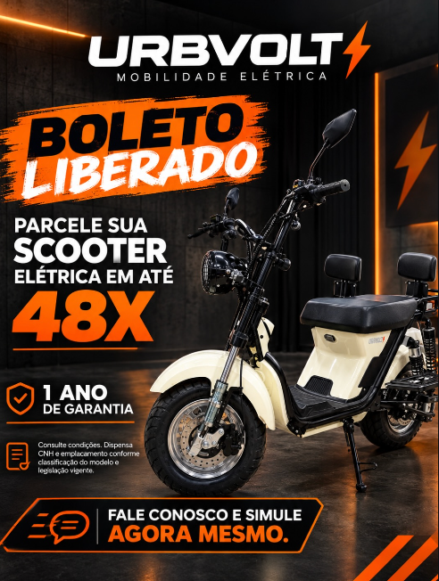 Scooter elétrica URBVOLT: parcele em até 48x no boleto, 1 ano de garantia